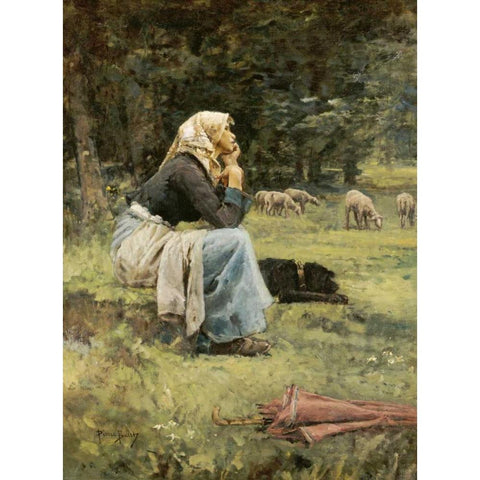 A Young Shepherdess White Modern Wood Framed Art Print by Billet, Pierre
