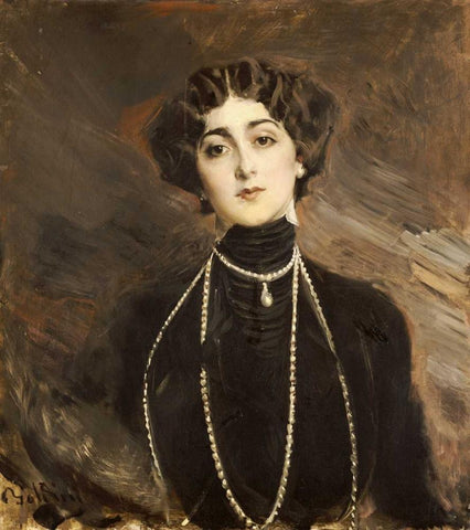 Portrait of Lina Cavalieri Black Ornate Wood Framed Art Print with Double Matting by Boldini, Giovanni