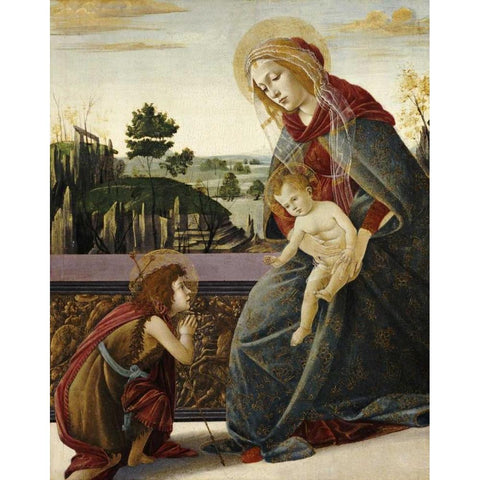 The Madonna and Child With The Young Saint John The Baptist White Modern Wood Framed Art Print by Botticelli, Sandro