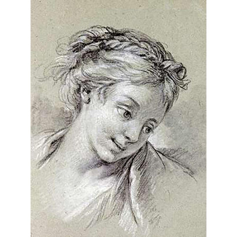 Head of a Girl Looking Down To The Right Gold Ornate Wood Framed Art Print with Double Matting by Boucher, Francois