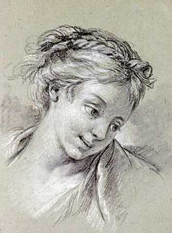 Head of a Girl Looking Down To The Right White Modern Wood Framed Art Print with Double Matting by Boucher, Francois