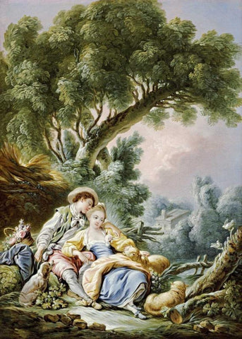 The Rest. Pensent-Ils a Ce Mouton? White Modern Wood Framed Art Print with Double Matting by Boucher, Francois