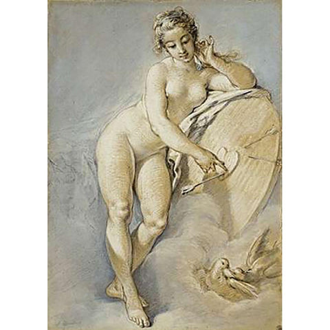 Venus Standing, Gesturing Towards a Heart On a Targe With Two Doves White Modern Wood Framed Art Print by Boucher, Francois