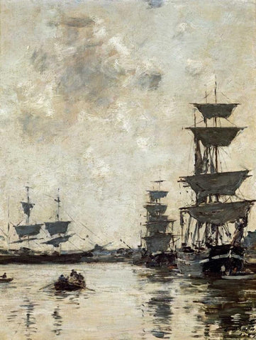 Deauville: Schooners at Anchor Black Ornate Wood Framed Art Print with Double Matting by Boudin, Eugene