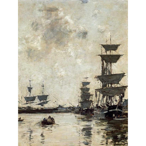 Deauville: Schooners at Anchor Gold Ornate Wood Framed Art Print with Double Matting by Boudin, Eugene