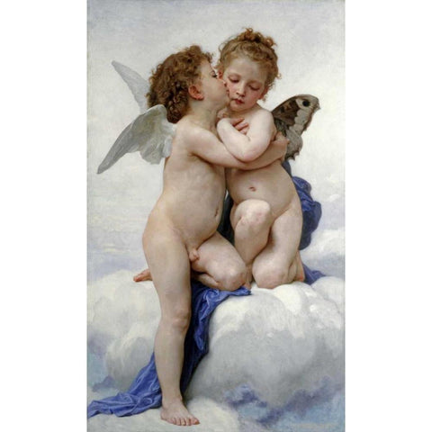 The First Kiss White Modern Wood Framed Art Print by Bouguereau, William-Adolphe