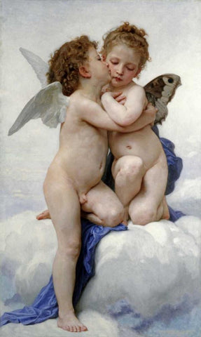 The First Kiss White Modern Wood Framed Art Print with Double Matting by Bouguereau, William-Adolphe