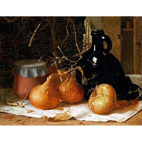 Onions, a Jug and a Ceramic Pot On a Tablecloth White Modern Wood Framed Art Print by Brooker, Harry