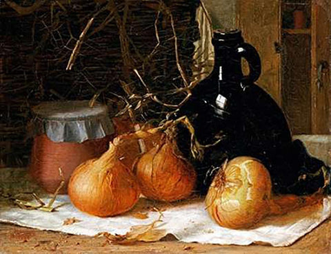 Onions, a Jug and a Ceramic Pot On a Tablecloth Black Ornate Wood Framed Art Print with Double Matting by Brooker, Harry