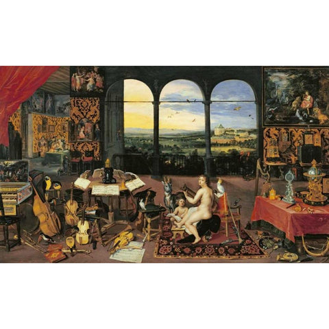 An Allegory of Hearing Black Modern Wood Framed Art Print with Double Matting by Jan Brueghel the Elder