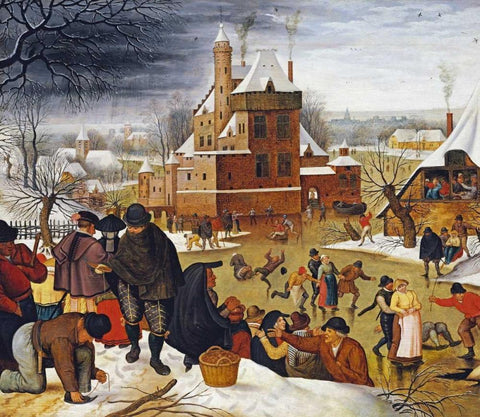 Townsfolk Skating On a Castle Moat White Modern Wood Framed Art Print with Double Matting by Bruegel, Pieter the Elder