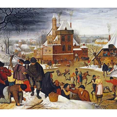 Townsfolk Skating On a Castle Moat White Modern Wood Framed Art Print by Bruegel, Pieter the Elder