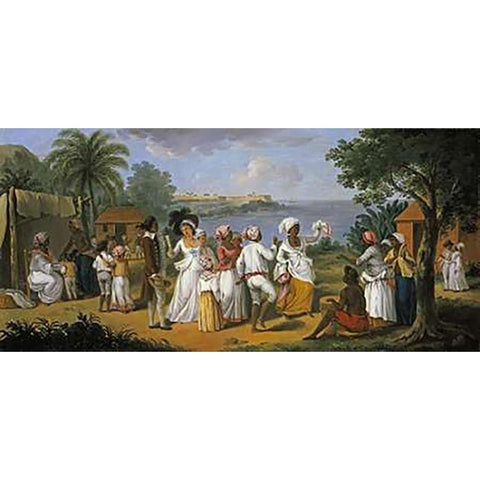 Natives Dancing In The Island of Dominica Black Modern Wood Framed Art Print with Double Matting by Brunais, Augustin