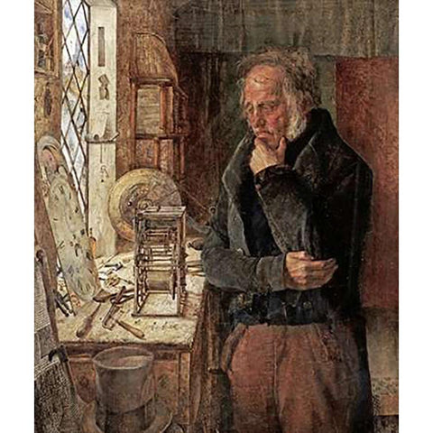 Our Village Clockmaker Solving a Problem Black Modern Wood Framed Art Print with Double Matting by Campbell, James