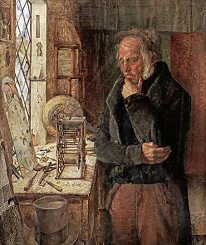 Our Village Clockmaker Solving a Problem White Modern Wood Framed Art Print with Double Matting by Campbell, James