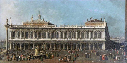 The Library and The Piazetta, Venice White Modern Wood Framed Art Print with Double Matting by Canal, Giovanni Antonio