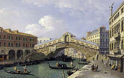 The Rialto Bridge, Venice Black Ornate Wood Framed Art Print with Double Matting by Canal, Giovanni Antonio