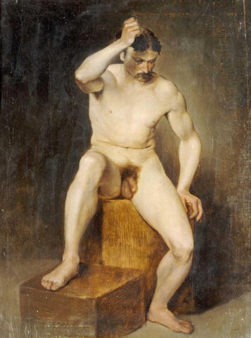 A Seated Male Nude Black Ornate Wood Framed Art Print with Double Matting by Von Staschiripka Canon, Hans