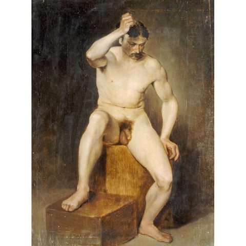 A Seated Male Nude Gold Ornate Wood Framed Art Print with Double Matting by Von Staschiripka Canon, Hans