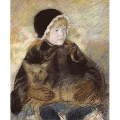 Elsie Cassat Holding a Big Dog Gold Ornate Wood Framed Art Print with Double Matting by Cassatt, Mary