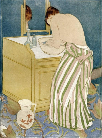 Woman Bathing White Modern Wood Framed Art Print with Double Matting by Cassatt, Mary