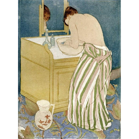 Woman Bathing White Modern Wood Framed Art Print by Cassatt, Mary