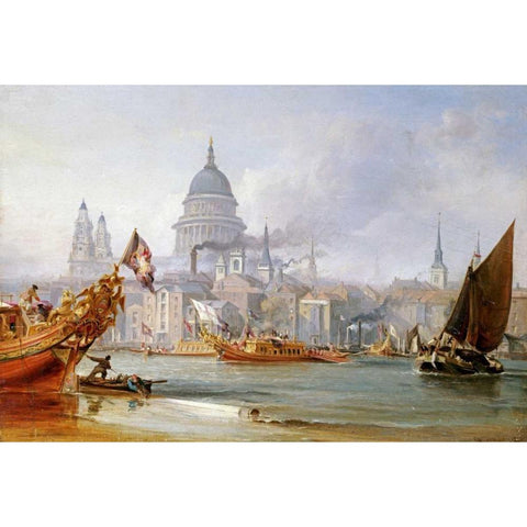 A View of Saint Pauls From The Thames Gold Ornate Wood Framed Art Print with Double Matting by Chambers, George