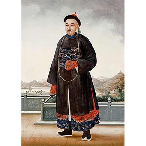 An Elegantly Dressed Chinese Hong Merchant Gold Ornate Wood Framed Art Print with Double Matting by Chinese School