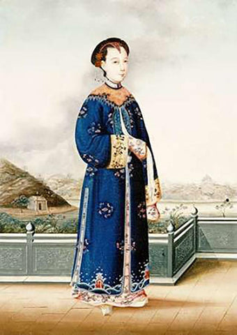 An Elegantly Dressed Chinese Hong Merchants Wife Black Ornate Wood Framed Art Print with Double Matting by Chinese School