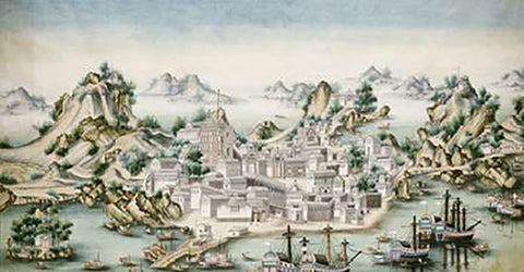 View of Macao Black Ornate Wood Framed Art Print with Double Matting by Chinese School