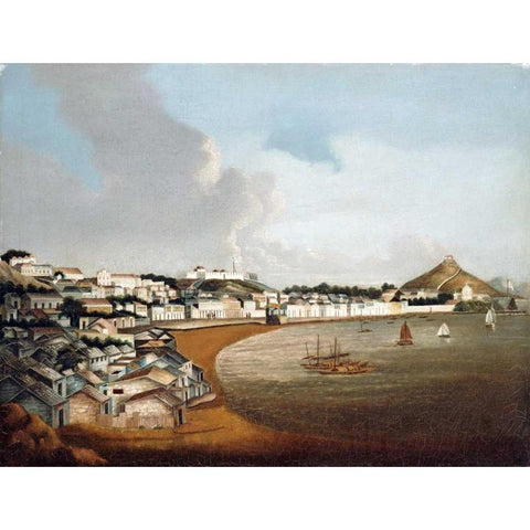 View of The Praya Grande, Macao Gold Ornate Wood Framed Art Print with Double Matting by Chinese School