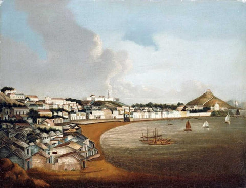 View of The Praya Grande, Macao White Modern Wood Framed Art Print with Double Matting by Chinese School