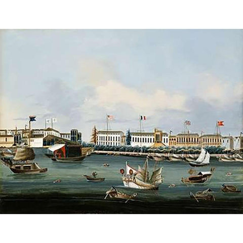 View of The Waterfront at Canton Gold Ornate Wood Framed Art Print with Double Matting by Chinese School