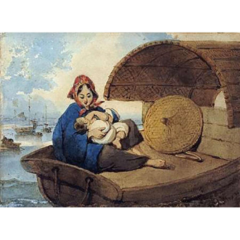 A Tanka Woman With Her Child On a Boat Gold Ornate Wood Framed Art Print with Double Matting by Chinnery, George