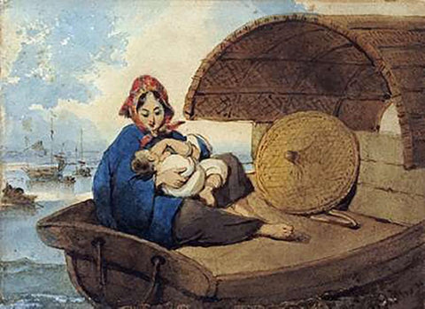 A Tanka Woman With Her Child On a Boat Black Ornate Wood Framed Art Print with Double Matting by Chinnery, George