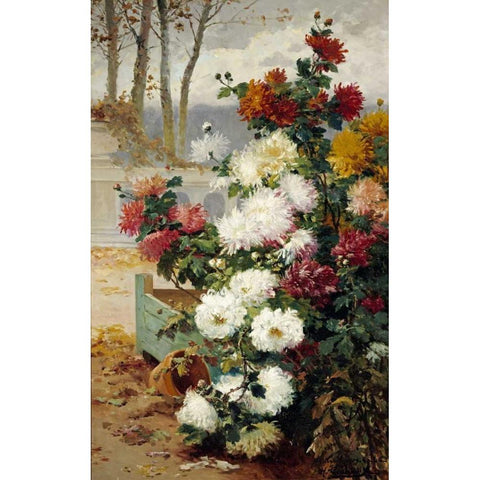 Chrysanthemums In a Walled Garden White Modern Wood Framed Art Print by Chuchois, Eugene Henri