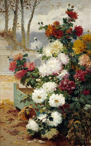 Chrysanthemums In a Walled Garden White Modern Wood Framed Art Print with Double Matting by Chuchois, Eugene Henri