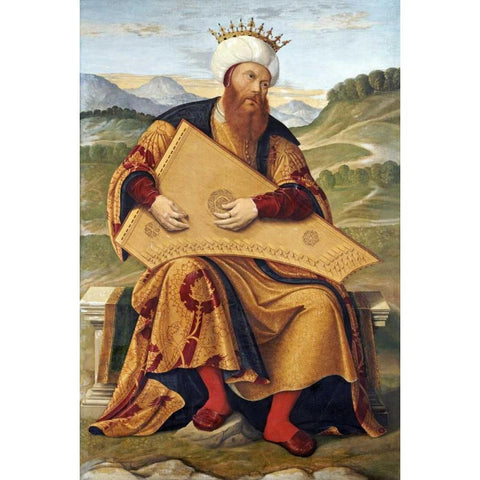 King David Playing a Psaltery Black Modern Wood Framed Art Print with Double Matting by Da Santa Croce, Girolamo