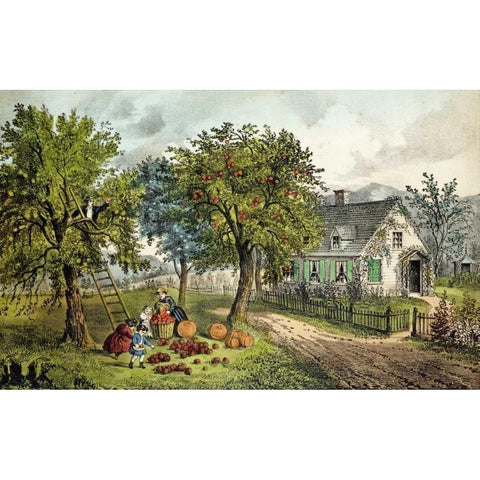 American Homestead; Autumn Gold Ornate Wood Framed Art Print with Double Matting by Currier and Ives