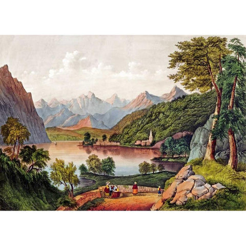 Lake Lugano, Italy Gold Ornate Wood Framed Art Print with Double Matting by Currier and Ives