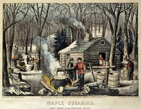 Maple Sugaring - Early Spring In The Northern Woods White Modern Wood Framed Art Print with Double Matting by Currier and Ives