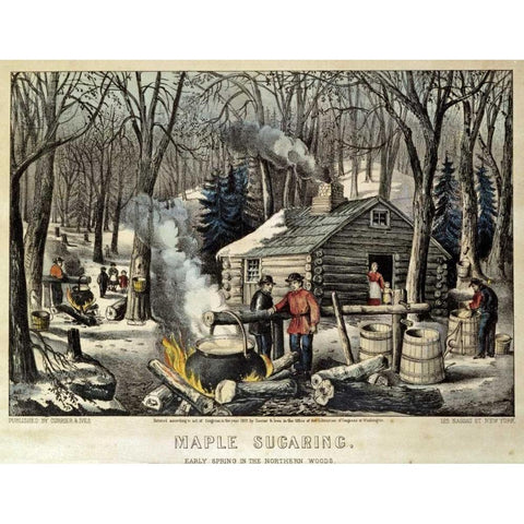 Maple Sugaring - Early Spring In The Northern Woods Black Modern Wood Framed Art Print with Double Matting by Currier and Ives