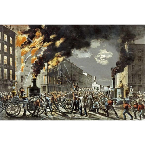 The Life of a Fireman Black Modern Wood Framed Art Print with Double Matting by Currier and Ives