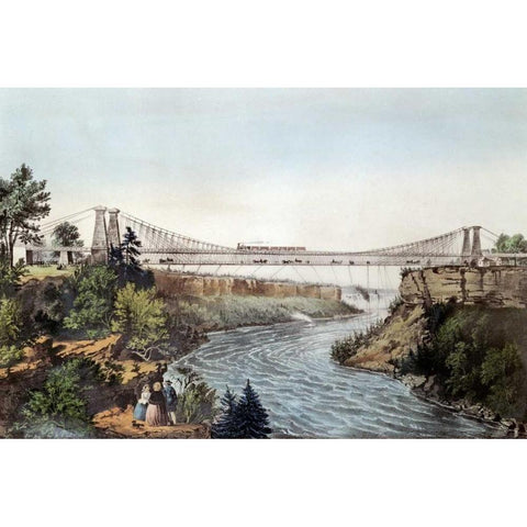 The Rail Road Suspension Bridge White Modern Wood Framed Art Print by Currier and Ives