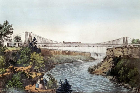 The Rail Road Suspension Bridge Black Ornate Wood Framed Art Print with Double Matting by Currier and Ives