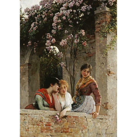 On The Terrace Black Modern Wood Framed Art Print with Double Matting by De Blaas, Eugene