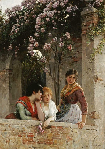 On The Terrace Black Ornate Wood Framed Art Print with Double Matting by De Blaas, Eugene