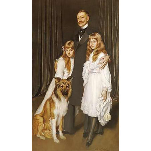 Portrait of a Family With Their Collie Black Modern Wood Framed Art Print with Double Matting by De La Gandara, Antonio