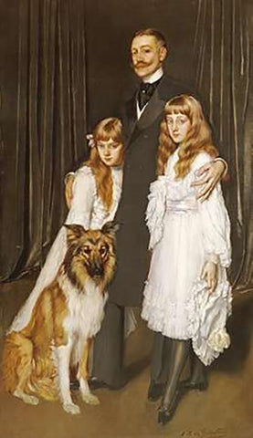 Portrait of a Family With Their Collie Black Ornate Wood Framed Art Print with Double Matting by De La Gandara, Antonio