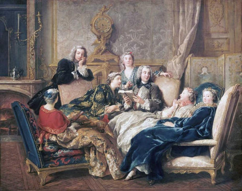 La Lecture De Moliere White Modern Wood Framed Art Print with Double Matting by De Troy, Jean-Francois